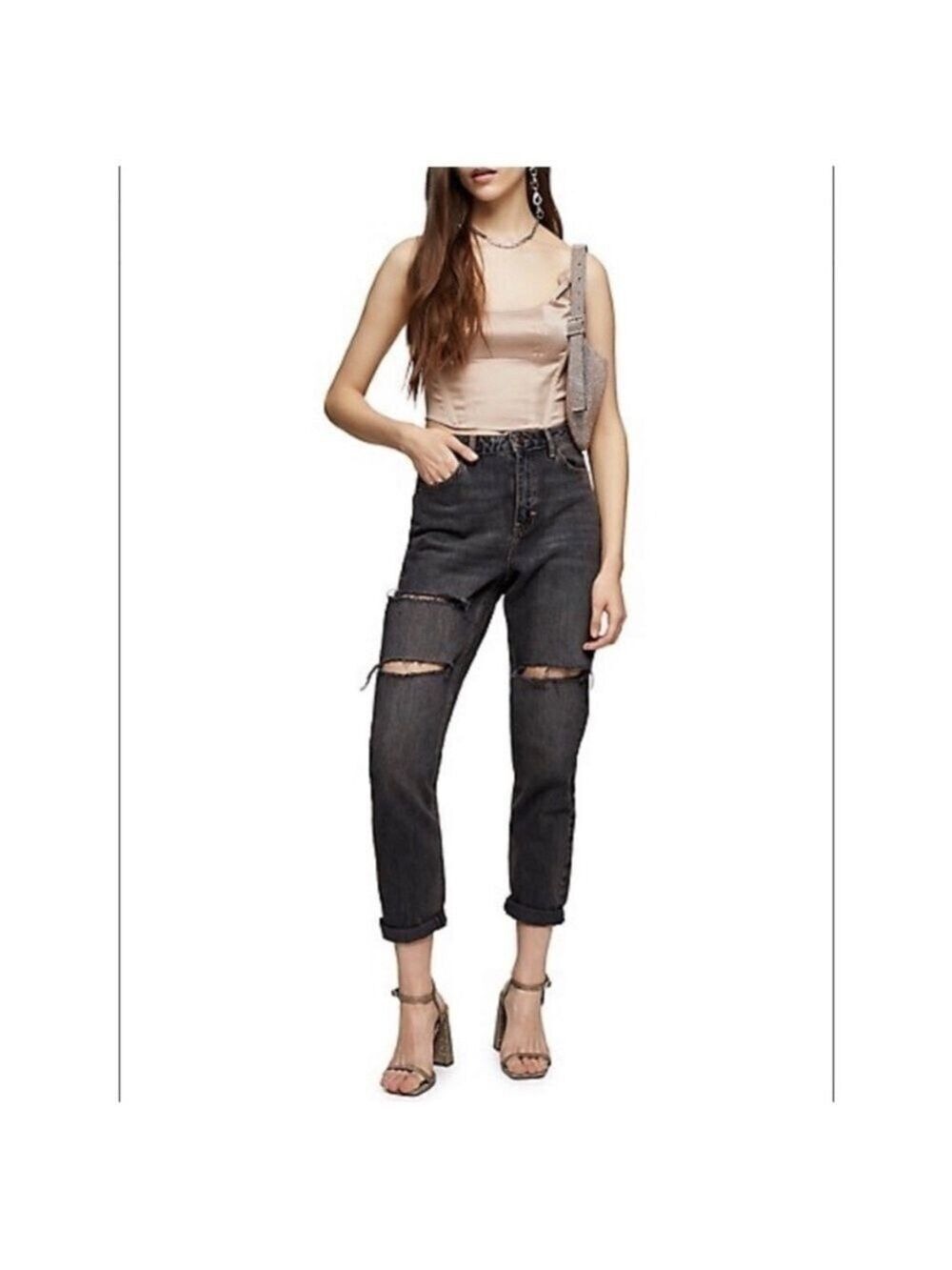 NWT TOPSHOP Distressed Washed Black Mom Tapered Jeans size 4 / 26